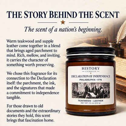 Story behind the Declaration of Independence scent: teakwood and leather evoke aged parchment and the character of a preserved historic document.