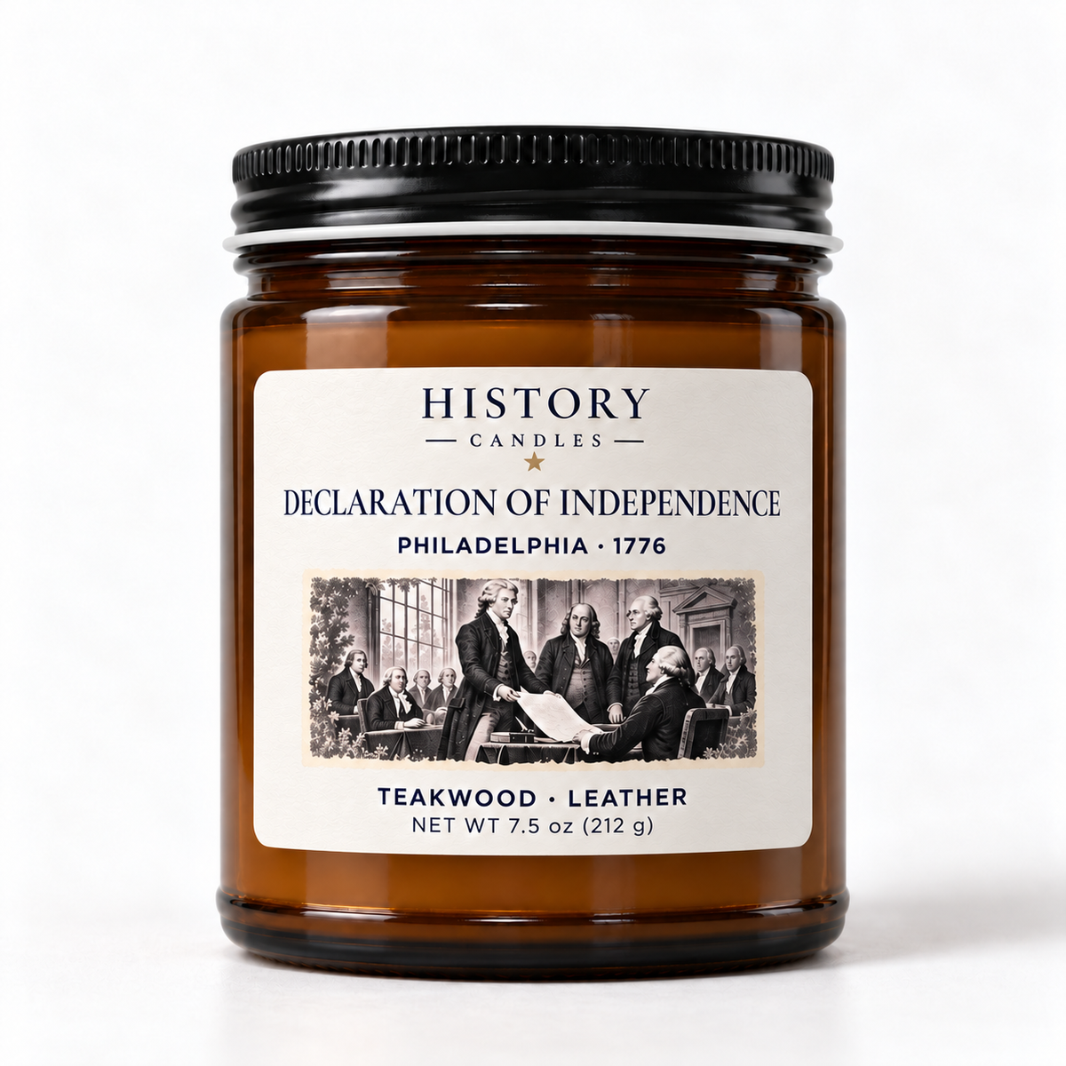 Declaration of Independence candle in an amber jar, with Philadelphia 1776 artwork and a Teakwood and Leather scent label.