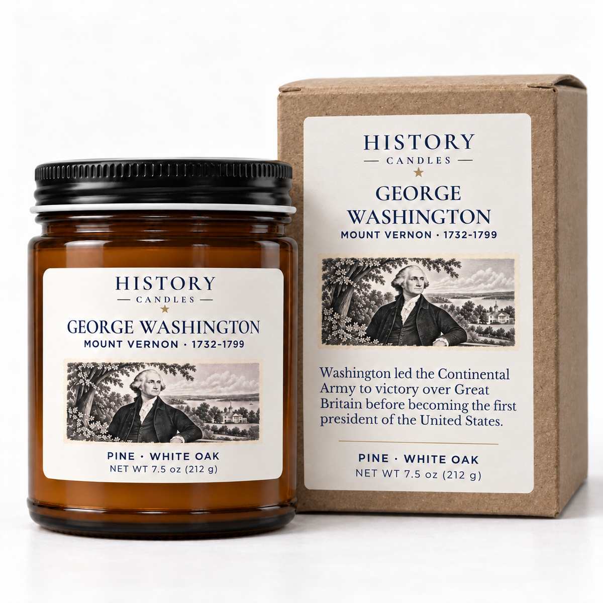 George Washington candle beside its kraft gift box, featuring the coordinated Mount Vernon artwork.