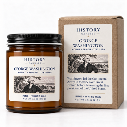 George Washington candle beside its kraft gift box, featuring the coordinated Mount Vernon artwork.