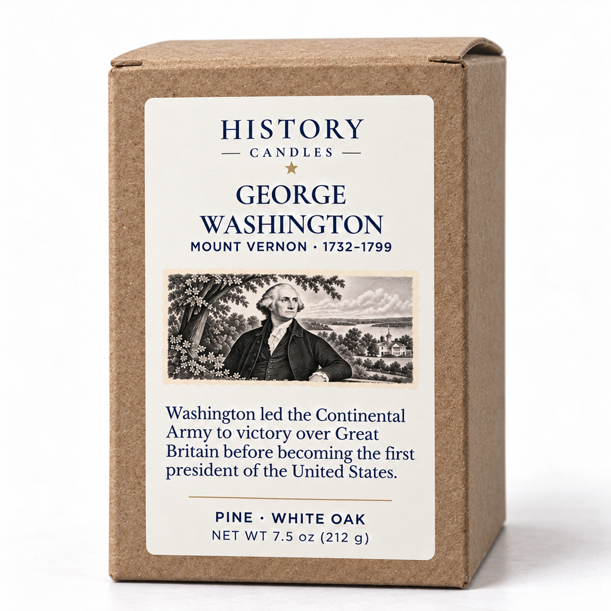 George Washington kraft candle box with historical artwork, a short biography, and pine and white oak scent notes.