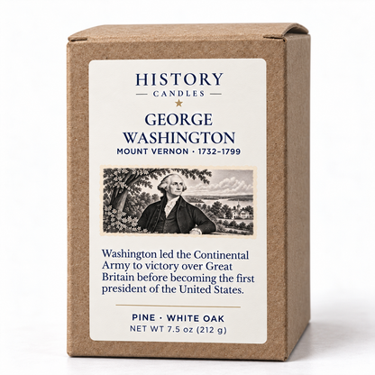 George Washington kraft candle box with historical artwork, a short biography, and pine and white oak scent notes.