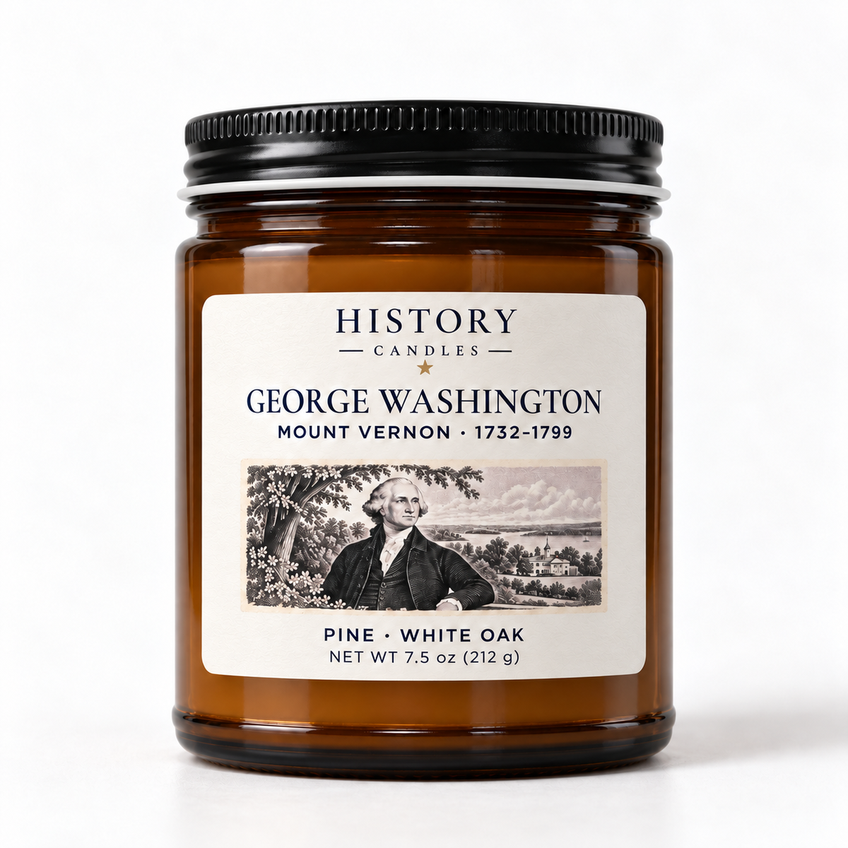 George Washington pine and white oak candle in an amber jar with a black lid and white lid band.