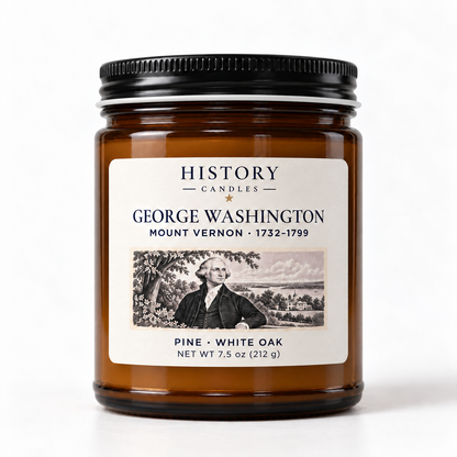 George Washington pine and white oak candle in an amber jar with a black lid and white lid band.