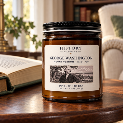 George Washington candle on a wooden table beside an open book and reading chair in warm window light.
