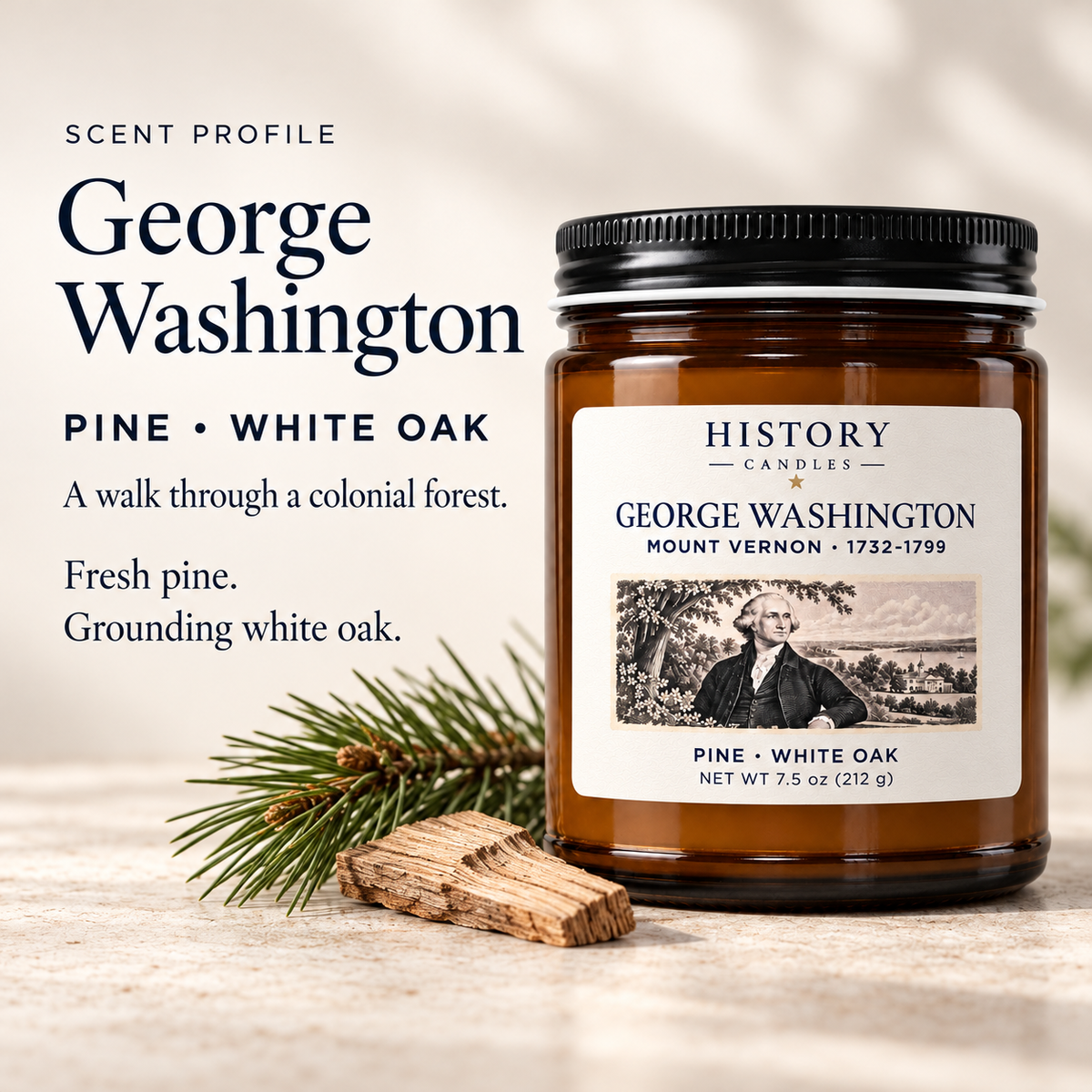 George Washington scent profile: pine and white oak, illustrated with pine needles and wood beside the candle.