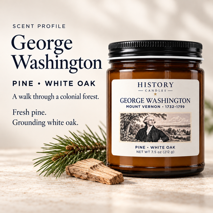 George Washington scent profile: pine and white oak, illustrated with pine needles and wood beside the candle.