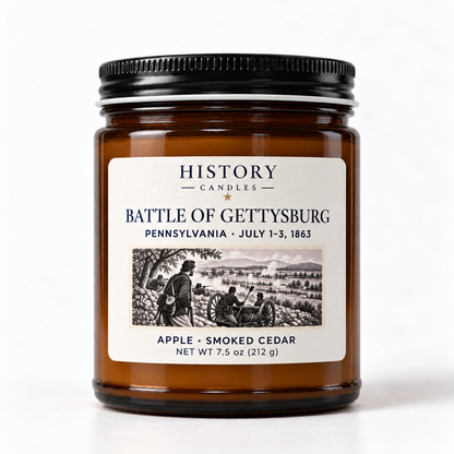 Battle of Gettysburg Apple · Smoked Cedar candle in an amber glass jar with a black lid and illustrated historical label.
