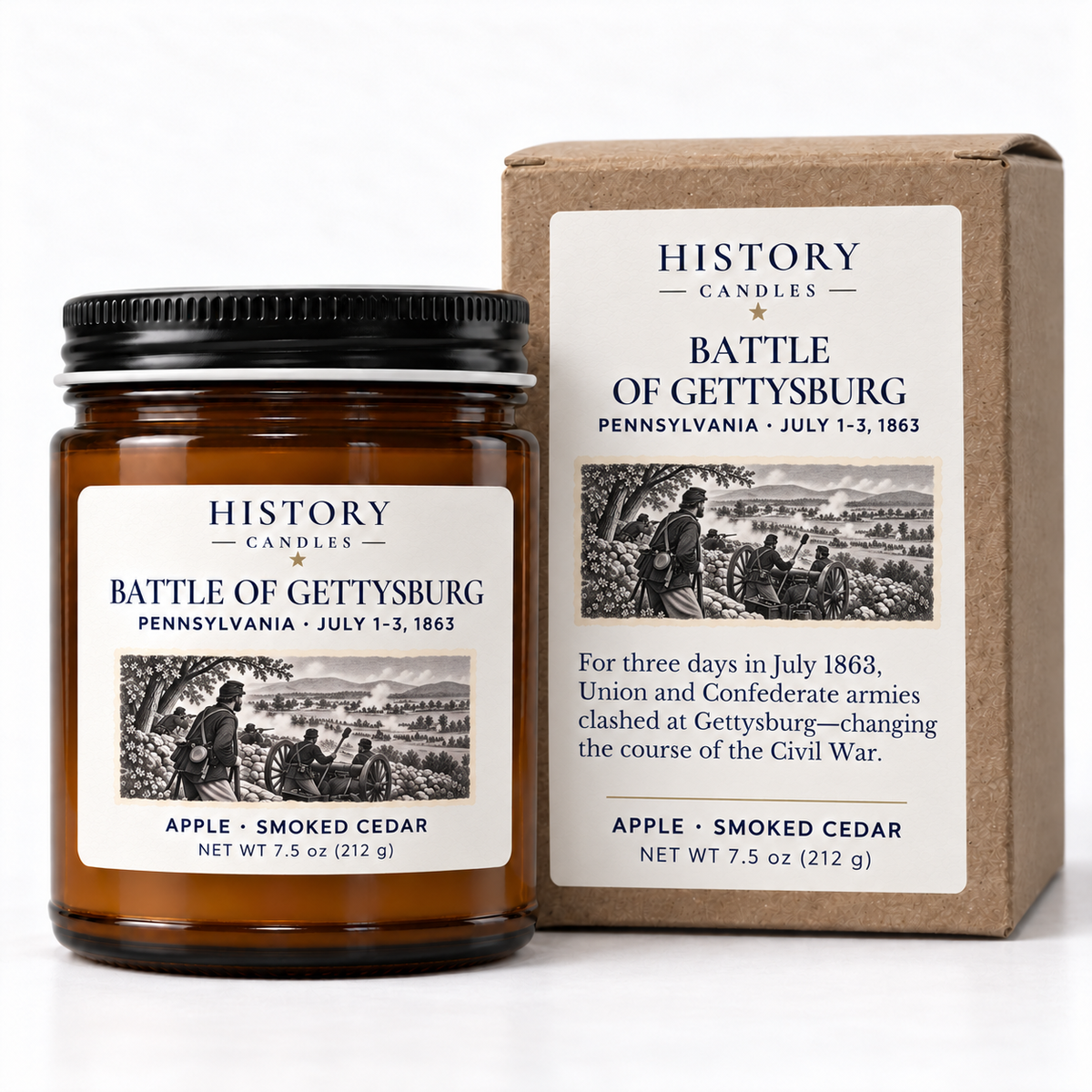 Battle of Gettysburg candle beside its matching kraft gift box with Civil War artwork.