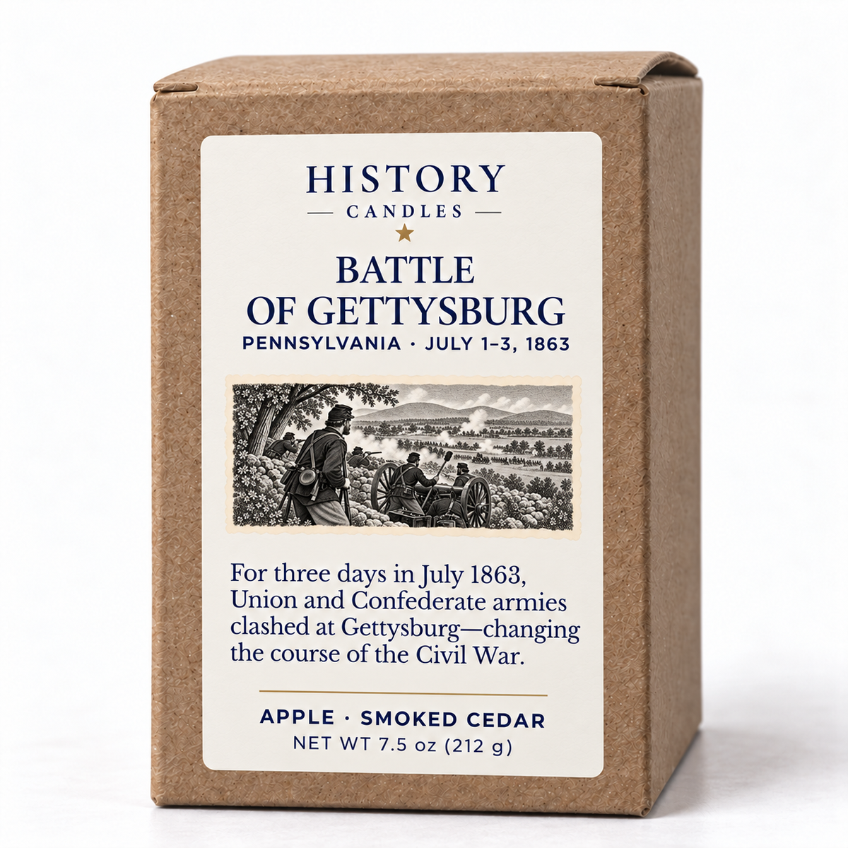 Battle of Gettysburg kraft gift box showing the historical narrative and Apple · Smoked Cedar scent.