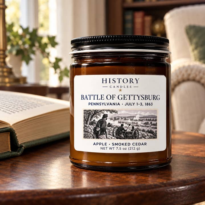 Gettysburg Apple · Smoked Cedar candle on a wooden table beside an open book in a warmly lit reading room.