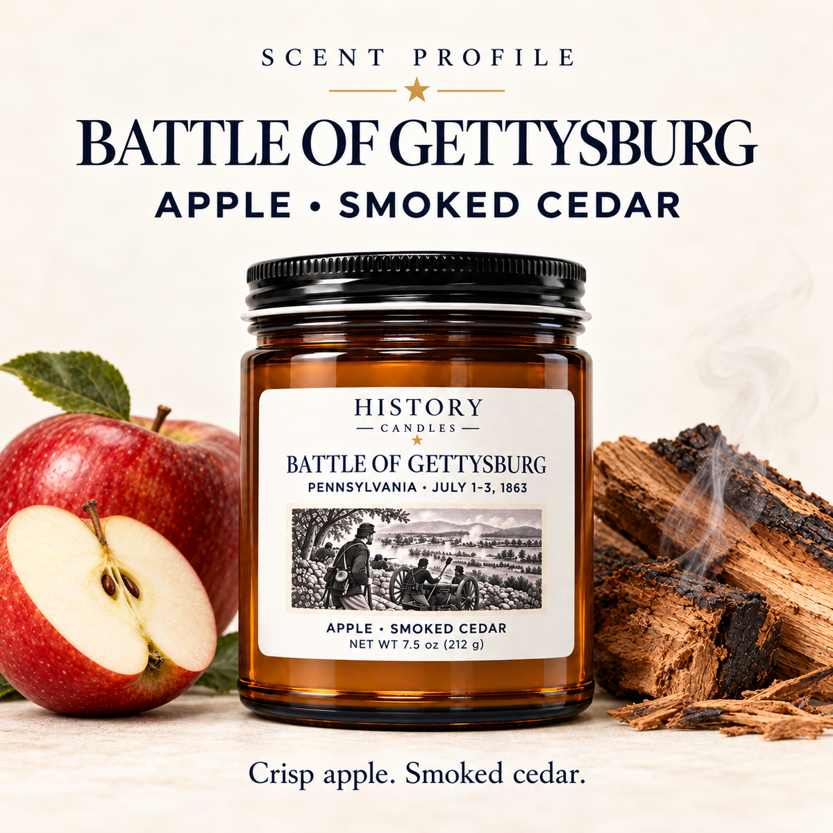 Gettysburg scent profile: crisp apple and smoked cedar, illustrated with an apple and smoky cedar beside the candle.