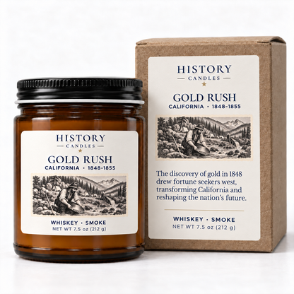 Gold Rush candle beside its matching kraft gift box with California Gold Rush artwork.