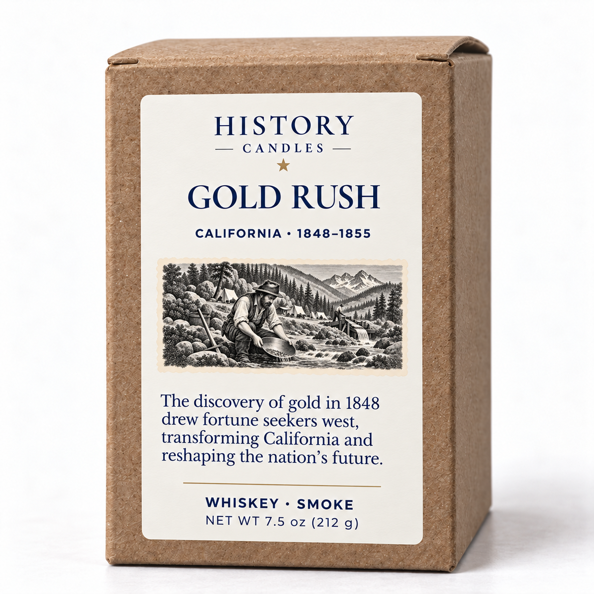 Gold Rush kraft candle box with prospector artwork, a short historical narrative, and Whiskey and Smoke scent notes.