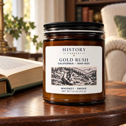 Gold Rush candle on a wooden table beside an open book and reading chair in warm window light.