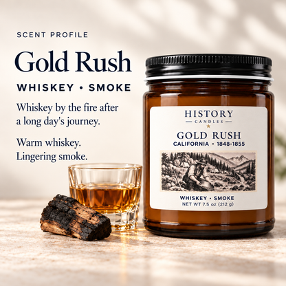 Gold Rush scent profile: warm whiskey and lingering smoke, illustrated with a whiskey glass and charred wood beside the candle.