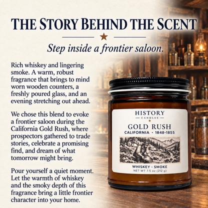 Story behind the Gold Rush scent: whiskey and smoke inspired by a frontier saloon during the California Gold Rush.