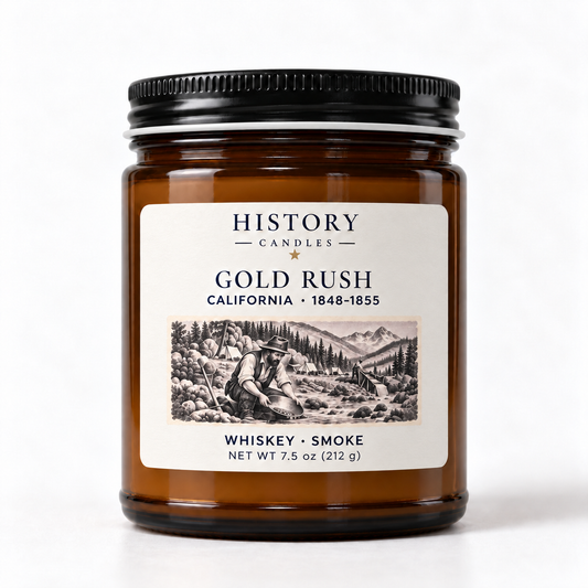 Gold Rush Whiskey and Smoke candle in an amber jar, featuring California 1848–1855 prospector artwork.
