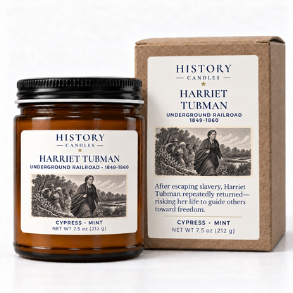 Harriet Tubman candle beside its kraft gift box, both showing the approved Underground Railroad artwork.