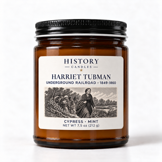 Harriet Tubman Cypress and Mint candle in an amber jar, featuring her guiding a group through a wooded landscape.