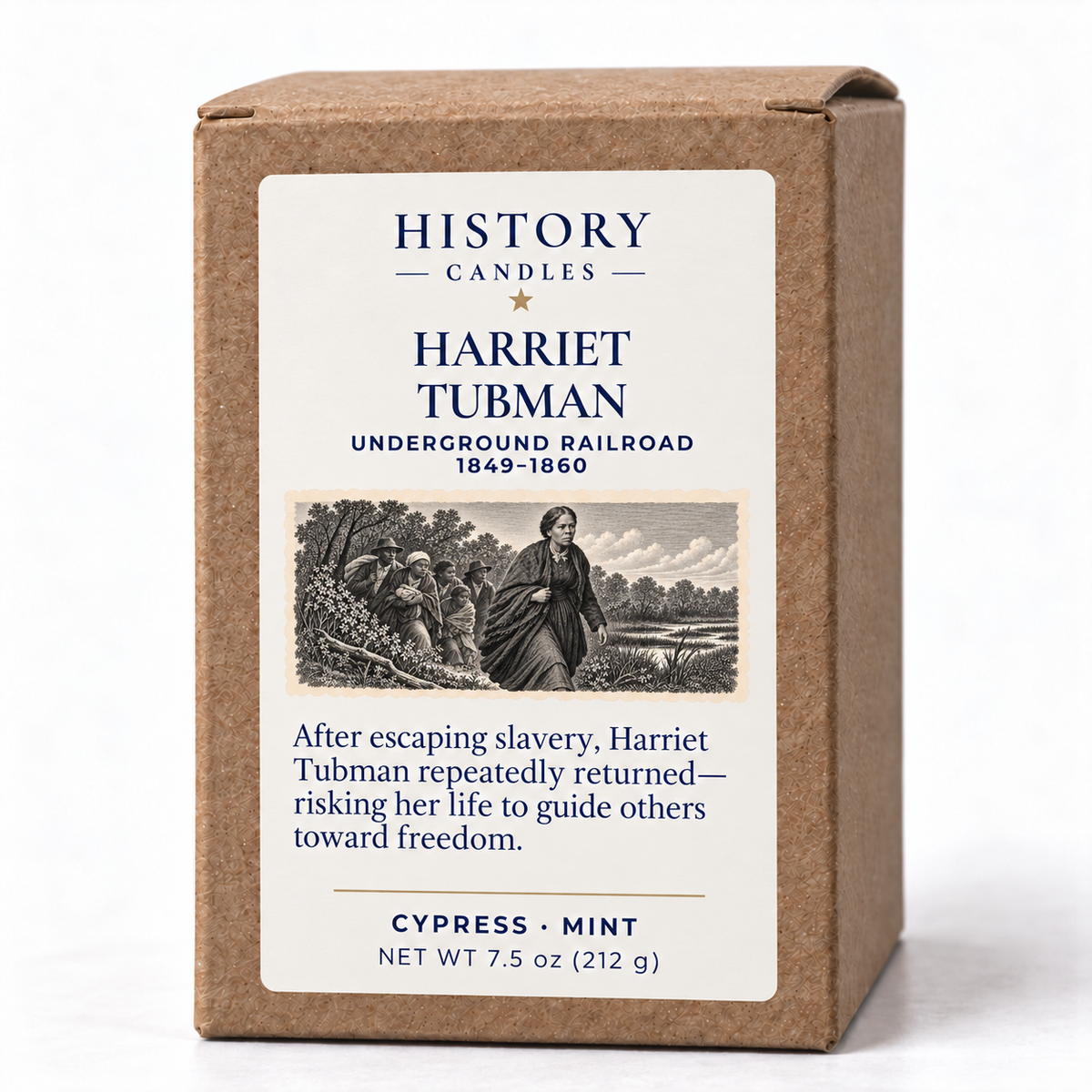 Harriet Tubman kraft candle box with Underground Railroad artwork, a short historical narrative, and Cypress and Mint scent notes.