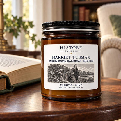 Harriet Tubman candle on a wooden table beside an open book and reading chair in warm window light.