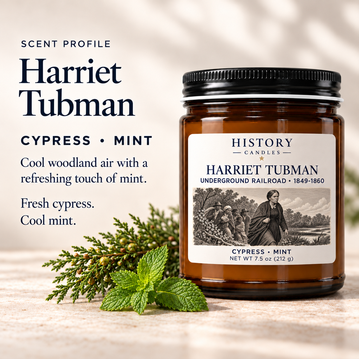 Harriet Tubman scent profile: fresh cypress and cool mint, illustrated with greenery beside the candle.