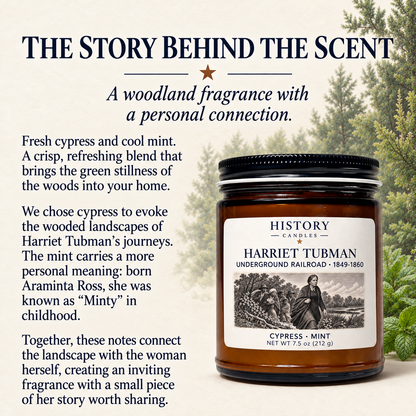 Story behind the Harriet Tubman scent: cypress evokes woodland landscapes, while mint refers to her childhood nickname, Minty.