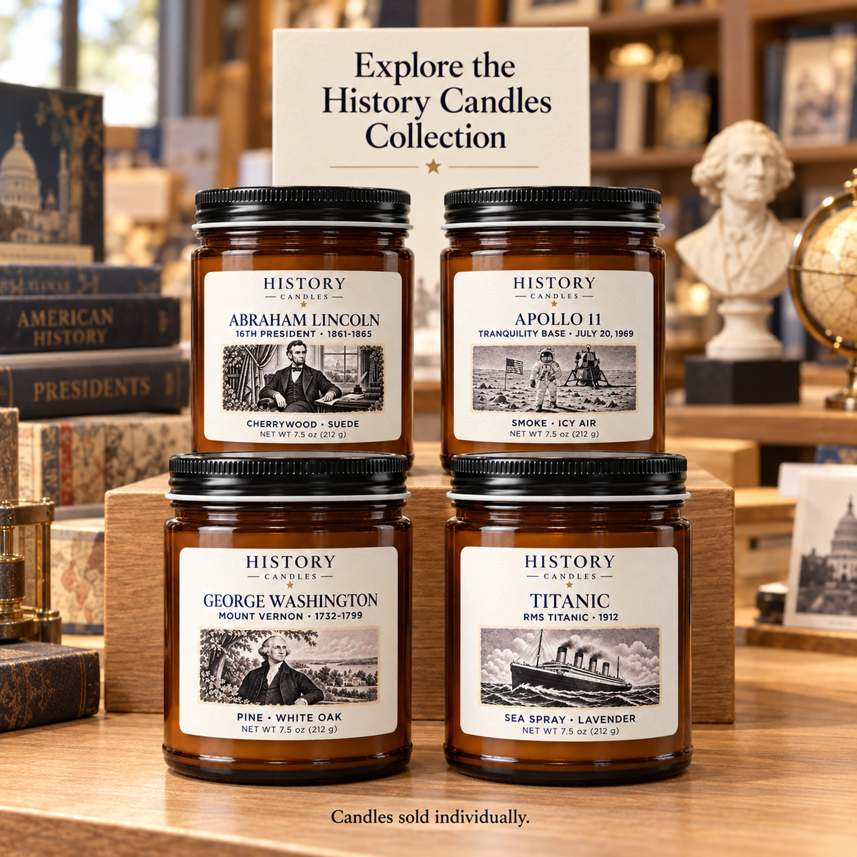 Explore History Candles: Abraham Lincoln, Apollo 11, George Washington, and Titanic candles displayed in a museum shop.