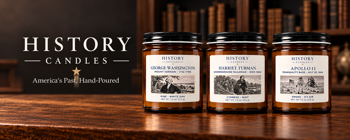 George Washington, Harriet Tubman, and Apollo 11 History Candles on a walnut table in a warmly lit library.