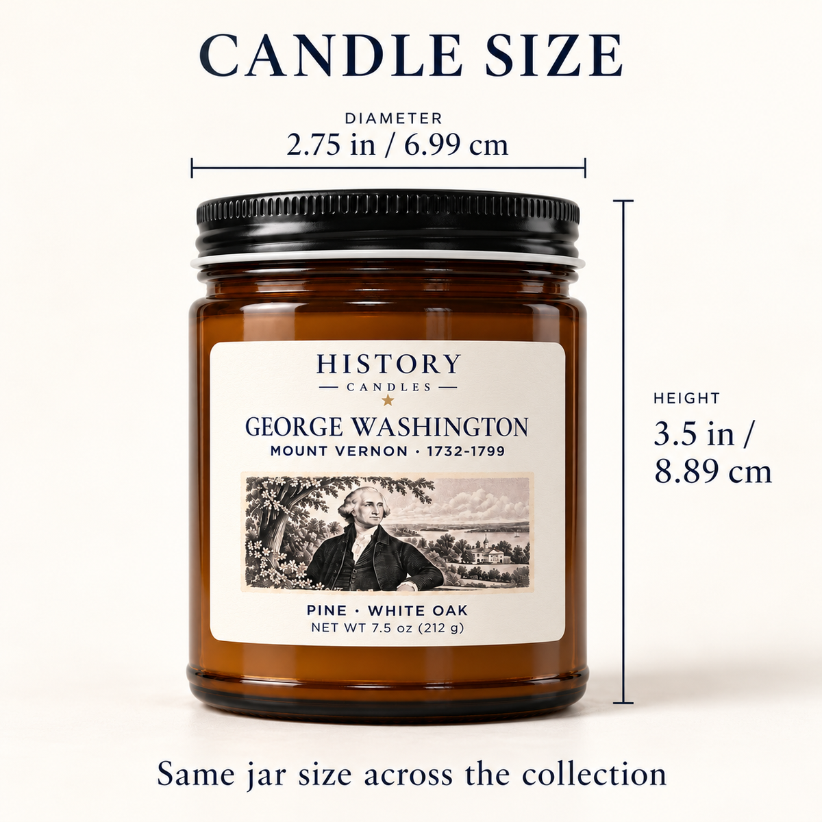 Candle size guide showing an amber jar measuring 2.75 inches in diameter and 3.5 inches tall.