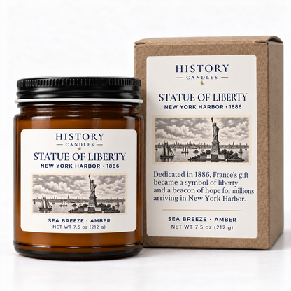 Statue of Liberty candle beside its matching kraft gift box with New York Harbor artwork.