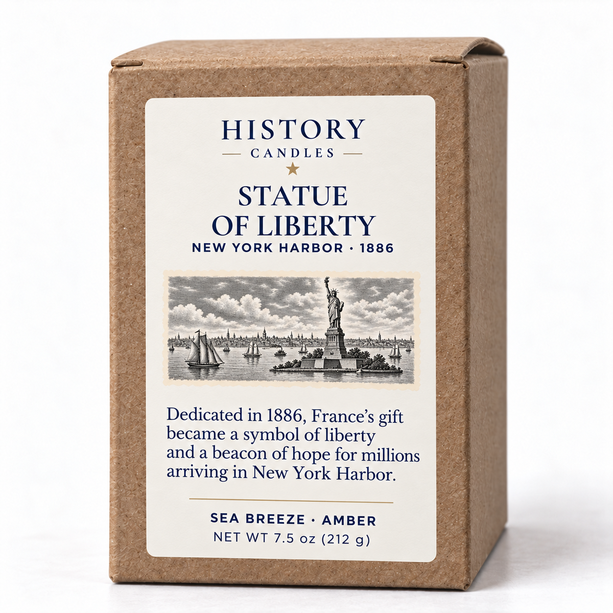 Statue of Liberty kraft gift box showing the historical narrative and Sea Breeze · Amber scent.