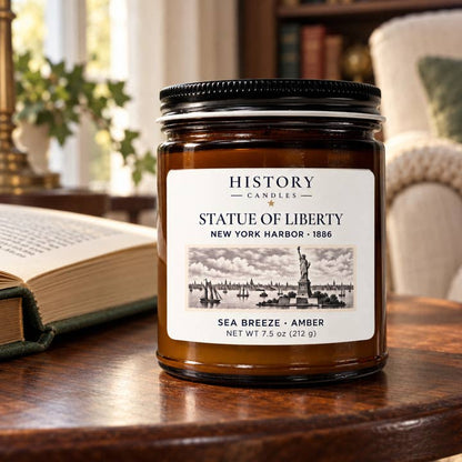 Statue of Liberty Sea Breeze · Amber candle on a wooden table beside an open book in a sunlit reading room.