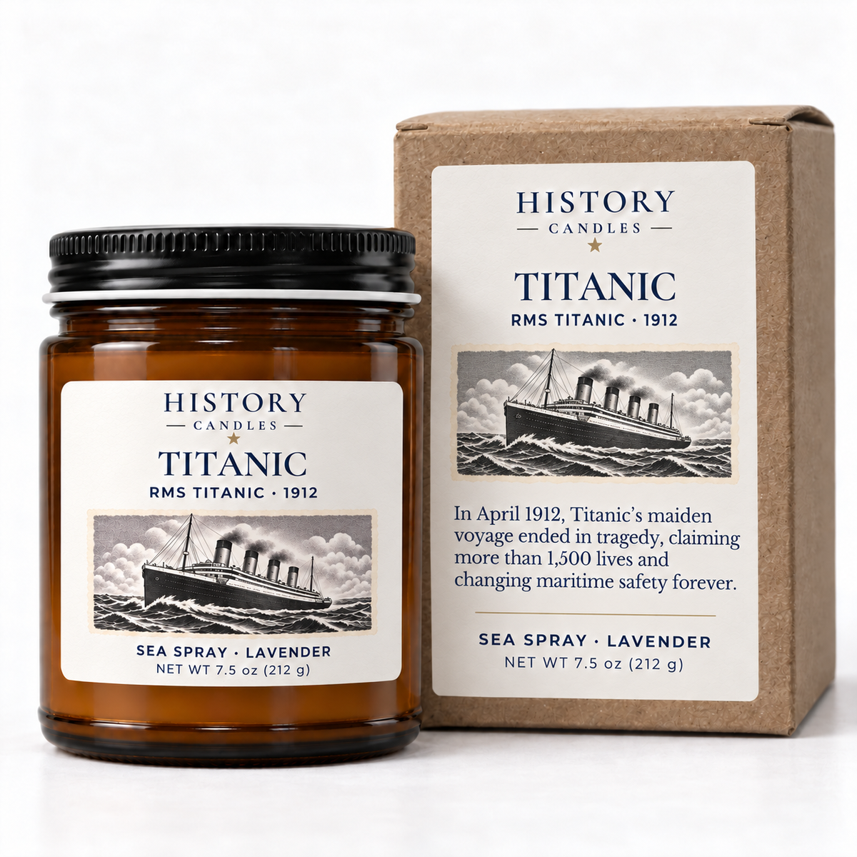 Titanic candle beside its matching kraft gift box featuring ocean-liner artwork.