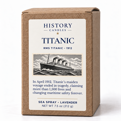 Titanic kraft gift box showing the historical narrative and Sea Spray · Lavender scent.