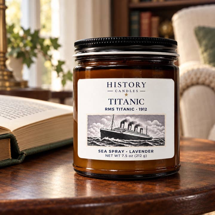 Titanic Sea Spray · Lavender candle on a wooden table beside an open book in a sunlit reading room.
