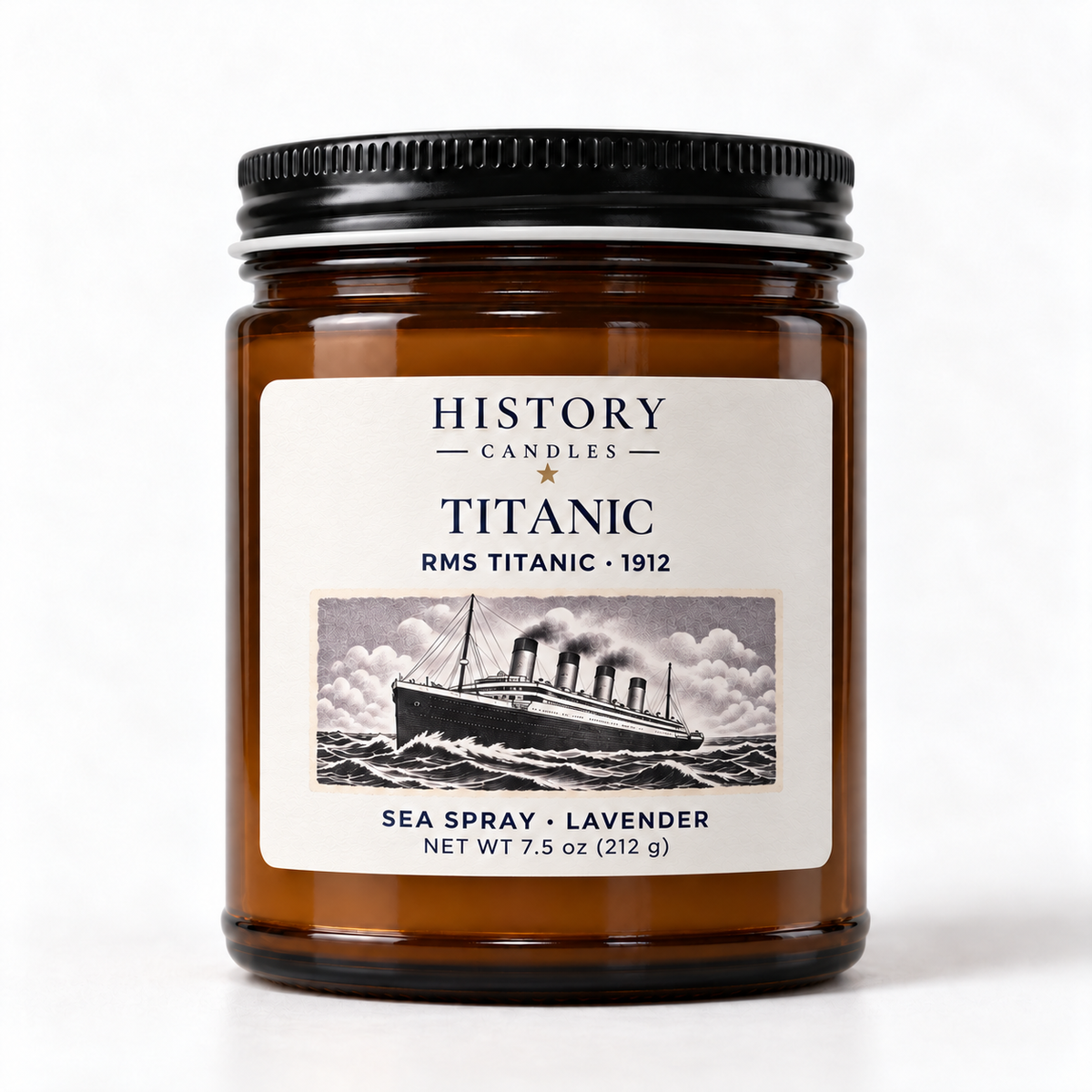 Titanic Sea Spray · Lavender candle in an amber glass jar with a black lid and illustrated RMS Titanic label.