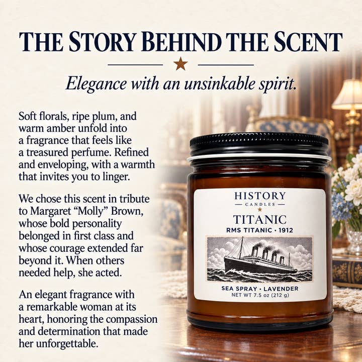 The story behind Titanic's scent: an elegant fragrance of soft florals, plum, and amber chosen in tribute to Margaret Molly Brown's courage and compassion.